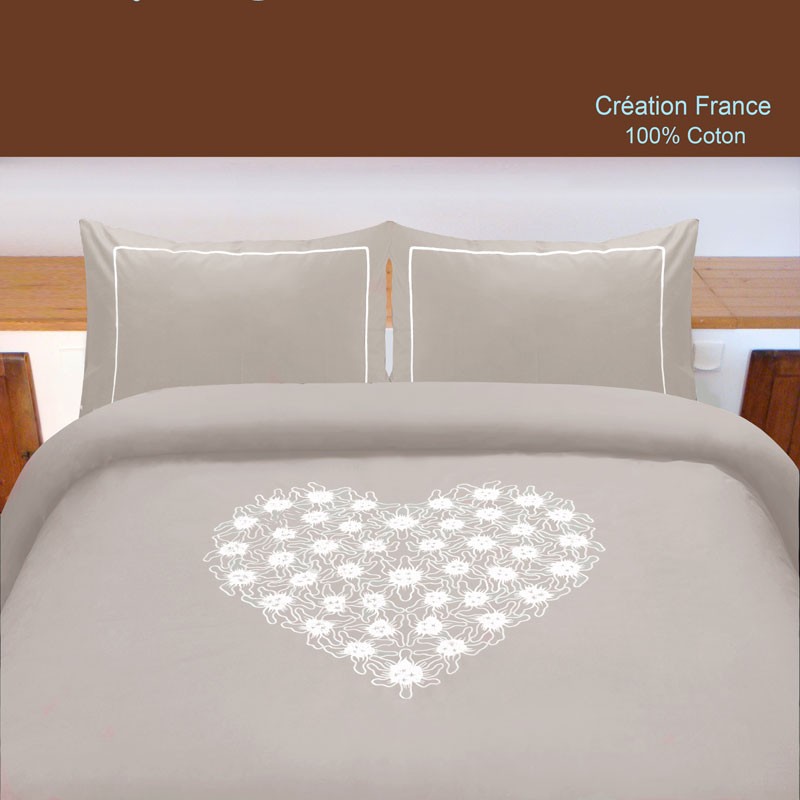 Housse de couette Coeur taupe - percale de coton